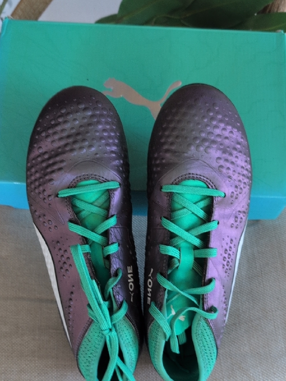 PUMA ONE 4 Syn FG JR Soccer Shoes, Youth Kids Size 5.5 US, Silver, Green 1732 - Picture 4 of 6